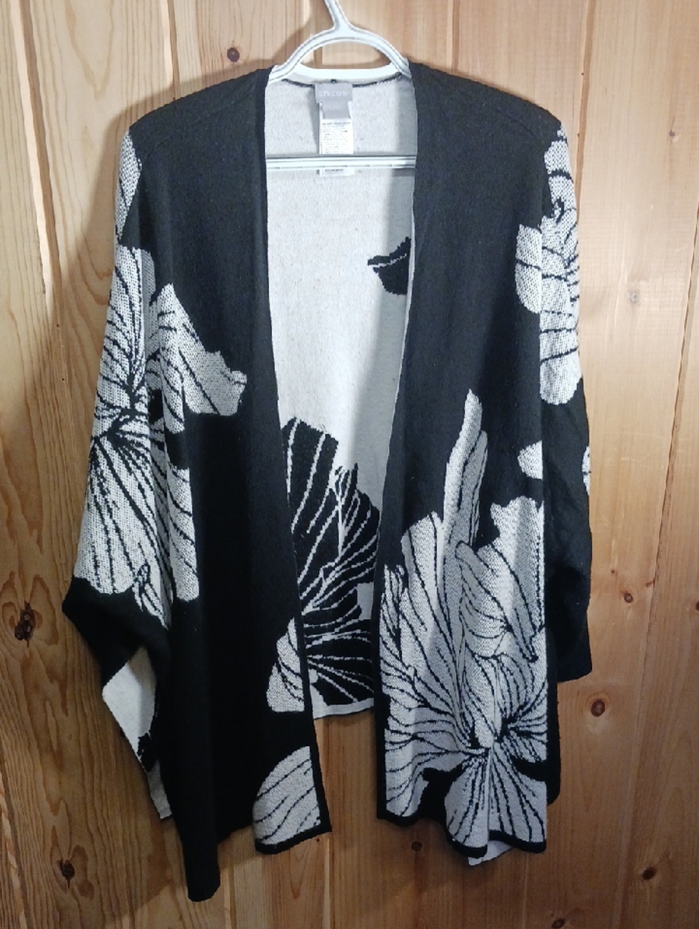 Chico's Women’s Black & White Floral Open Front Cardigan Sweater
